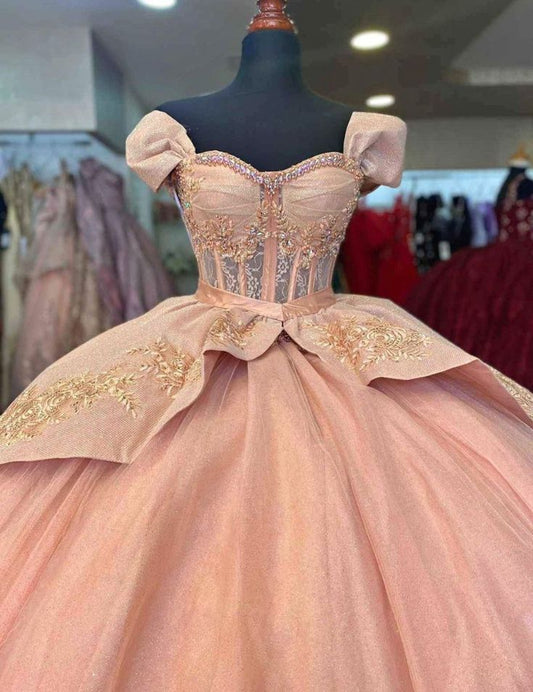 Quinceanera Dresses Off The Shoulder Pink Ball Gown Evening Dress S6429