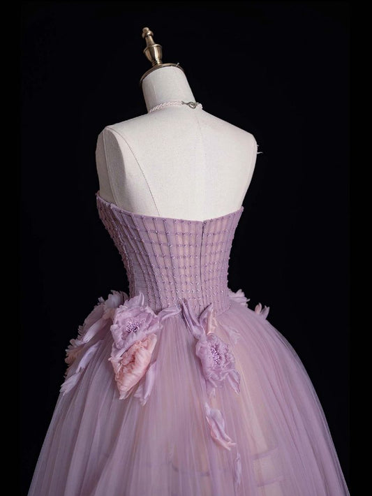 Tulle Prom Dress with Flowers Purple Long Prom Dresses Birthday Outfits S6547