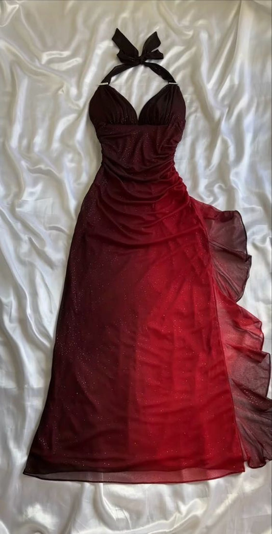 Beautiful Halter Birthday Party Dresses Red Prom Dresses Evening Dress S6424