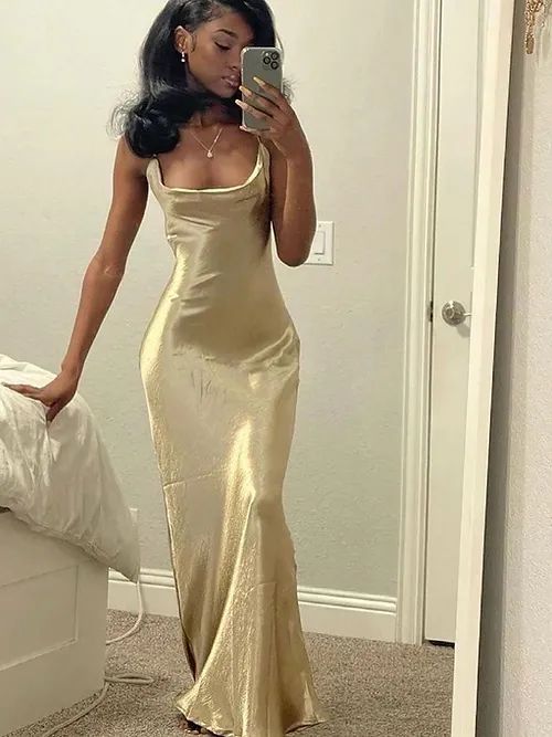 Elegant Mermaid Straps Gold Maxi Dress 21th Birthday Outfits S6070