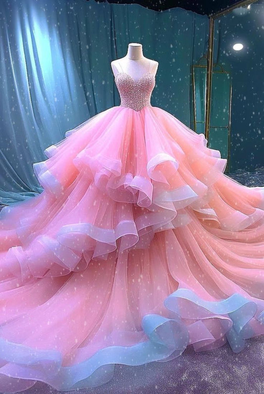 Ball Gown Straps Pink Organza Sweet 16 Dresses S6394
