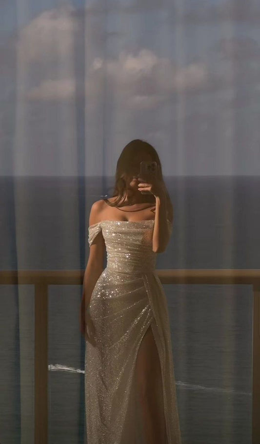Off Shoulder White Sequin Side Slit Long Evening Prom Dresses,Sequin Wedding Dresses S5967