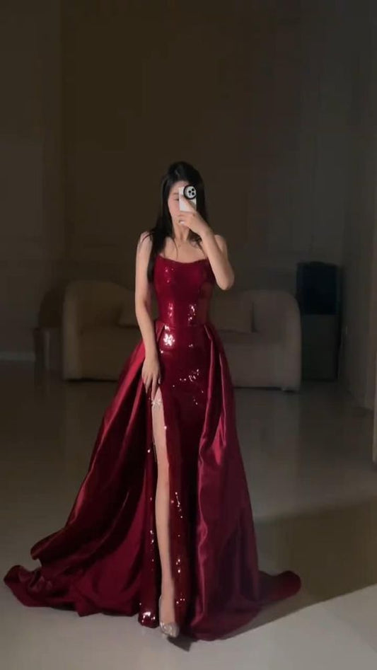 Sexy Mermaid Red Sleeveless Long Sequin Prom Dress Evening Dresses S6075
