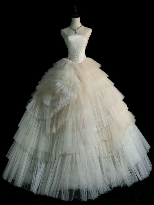 A Line Tulle Prom Dress Strapless Long Prom Dresses Birthday Gown S6550