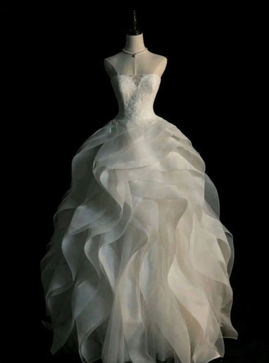 A Line Tulle Prom Dress Strapless Long Prom Dresses Evening Gown S6551