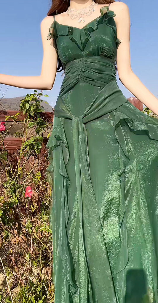 Green party dress women's ruffled long evening gown S5979