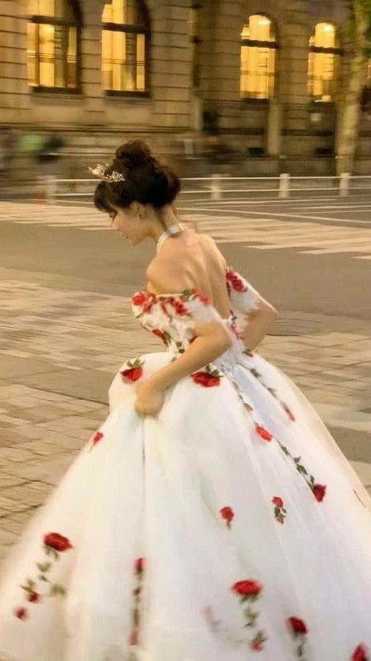 A-line Off Shoulder Elegant Long Prom Dresses Rose Evening Formal Dress S6372