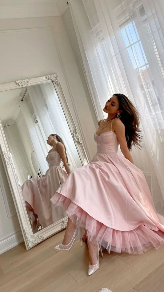 Simple A line Spaghetti Straps Pink Satin Prom Dresses Tea Length Birthday Dress S6107