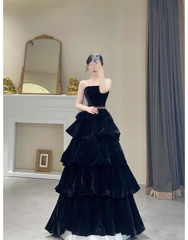 Black Long Velvet Prom Dress Long Formal Evening Dresses S3508