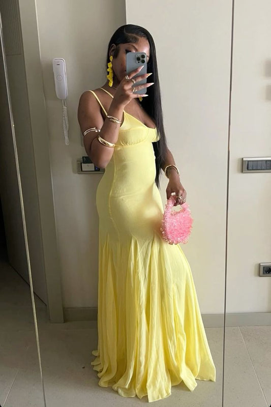 Spaghetti Straps Yellow Long Prom Dress Long Evening Gown S6020