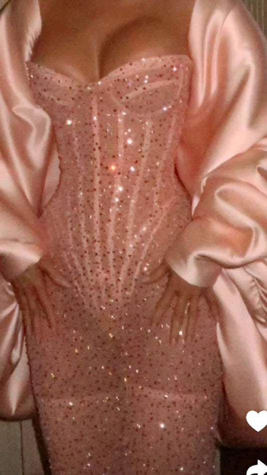 Classy Sheath Strapless Sequin Floor Length Pink Slit Prom Dresses Prom Gowns S6077