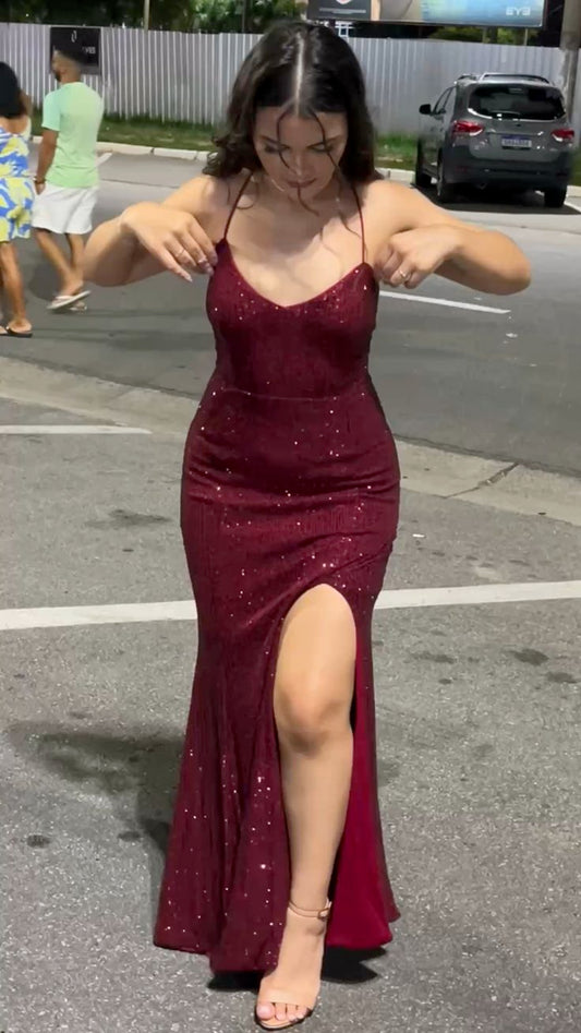 Burgundy Spaghetti Straps Sequin Prom Dresses Long Evening Party Gowns S6305