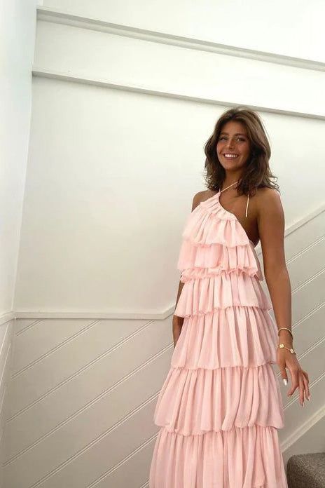 Pink Halter Layer Elegant Long Party Dress S6479