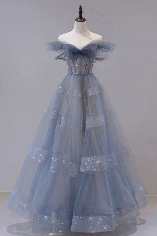 A-Line Off Shoulder Layers Tulle Long Evening Dress, Blue Formal Dress S6342