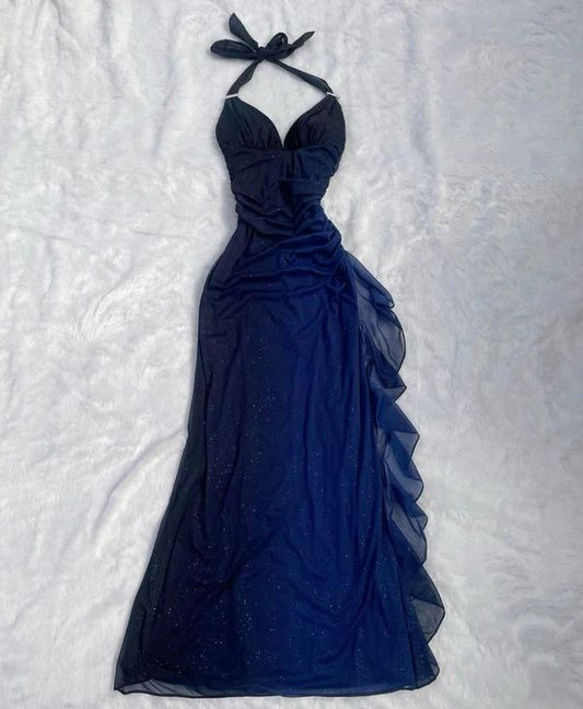 Halter Ombre Navy Blue Long Chiffon Prom Dress S6477