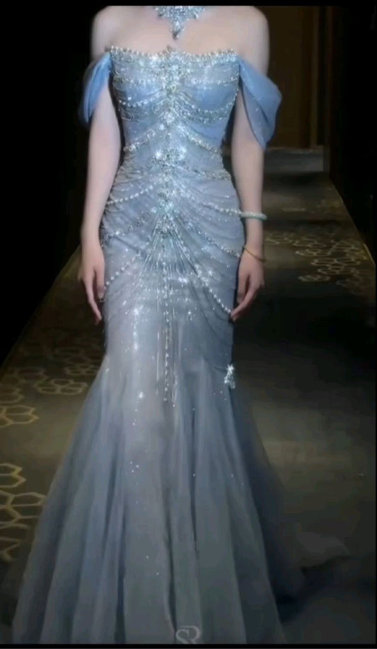 Elegant Mermaid Off The Shoulder Blue Tulle Prom Dresses S6501