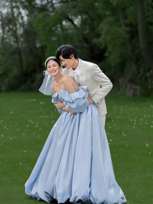 Sky Blue Elegant Bridal Gown Lace Up Back Long Vintage Bride Dress S6491