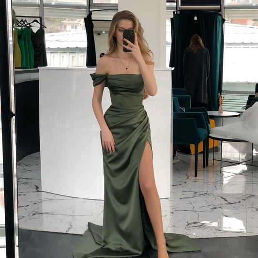 Off The Shoulder Green Sheath Long Prom Dresses With Slit S6185