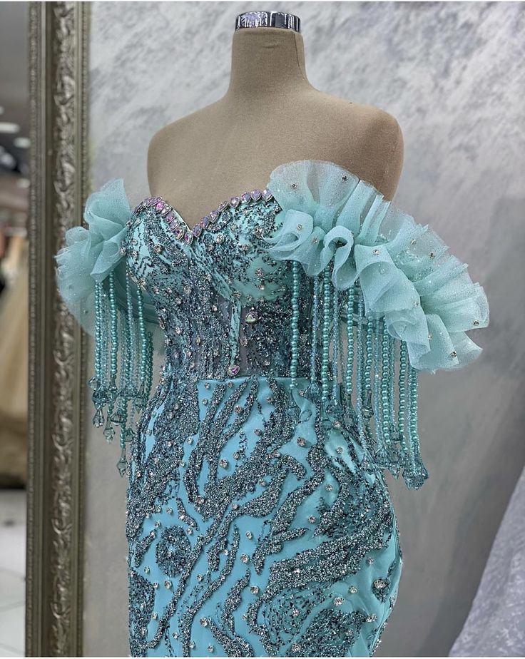 Luxury Prom Dress Mint Green Cocktail Dress Mermaid Off Shoulder Crystal Tassels Evening Dress S6238