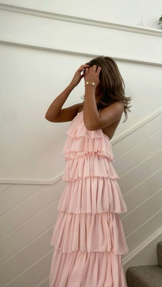 Pink Halter Layer Elegant Long Party Dress S6479
