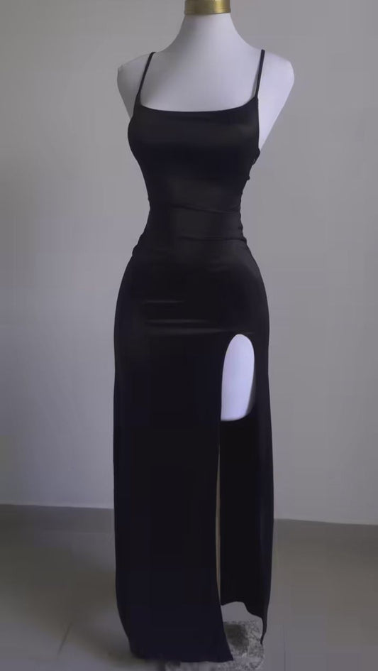 Sexy Sheath Spaghetti Straps Black Slit Long Prom Dress S6243