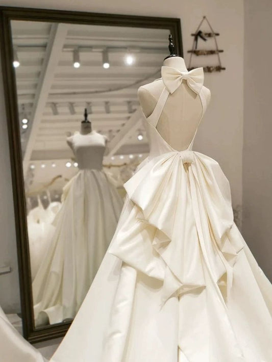 Elegant ivory a line backles satin long wedding dress S6405