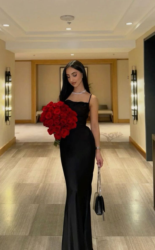 Fancy Sheath Spaghetti Straps Black Satin Long Prom Dresses S6111