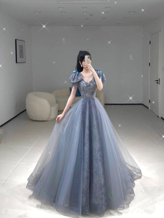 V Neck Prom Dresses A Line Tulle Long Evening Dress S6434