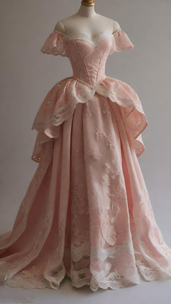 Retro Ball Gown Off The Shoulder Pink Satin Lace Long Prom Dress S6492