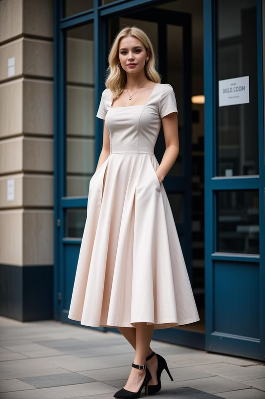 Square Neck Midi Evening Dress, Short Sleeve Prom Dress S7004
