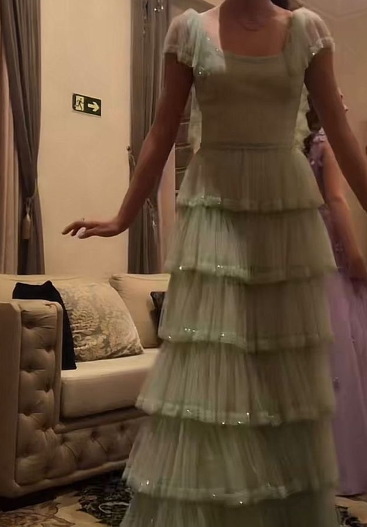 Sage Green A-Line Tiered Elegant Long Prom Dress S6966