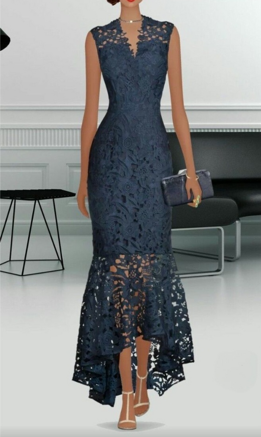 Navy blue lace v neck prom dress, long evening gown S7000