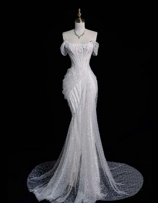 Elegant Mermaid Off The Shoulder Sequin Long White Wedding Dresses S6566