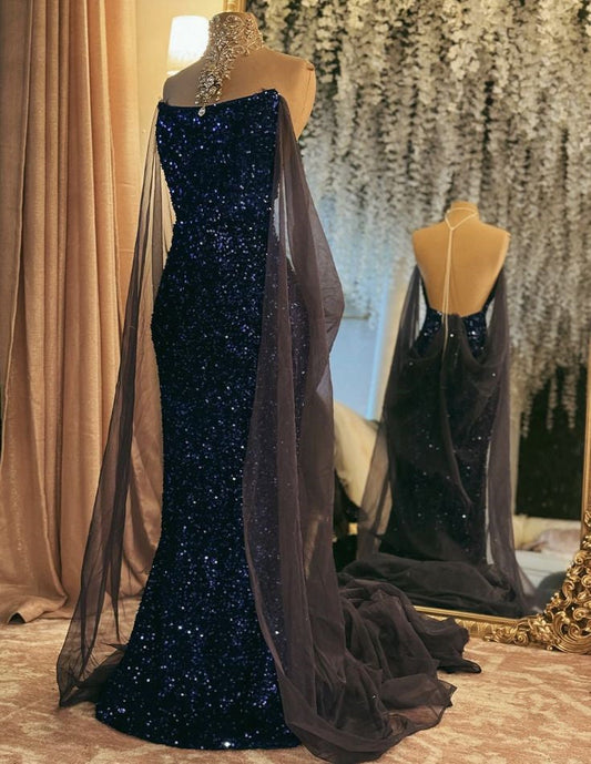 Navy Blue Sequin Mermaid Party Prom Dresses Long Evening Dress S6576