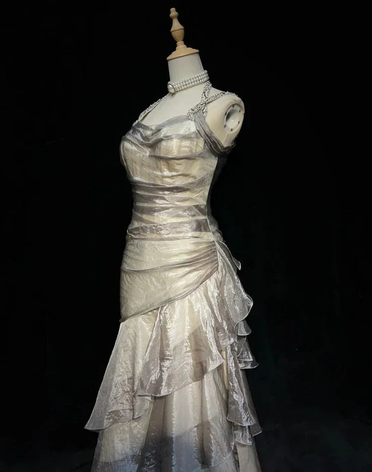 Vintage Silvery A-Line Prom Dress Long Ruffle Evening Dress Spaghetti Strap Tiered Formal Dress TP4584