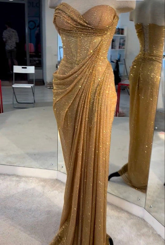 Strapless Mermaid Long Gold Prom Dress Long Formal Dress S6177