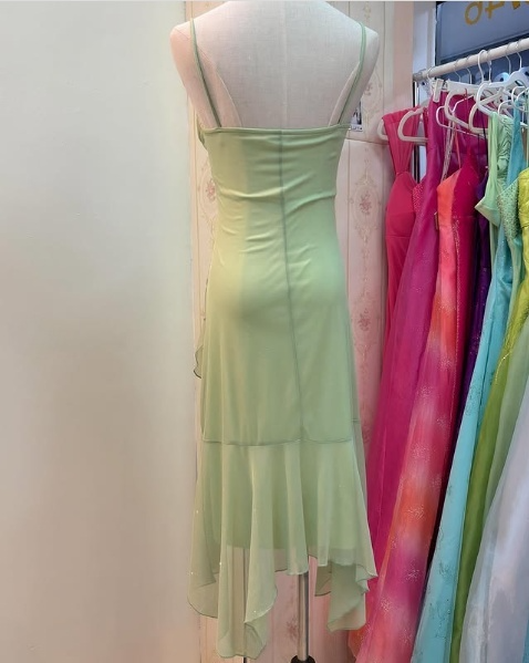 Green Chiffon Prom Dress Spaghetti Straps Evening Dress S7015