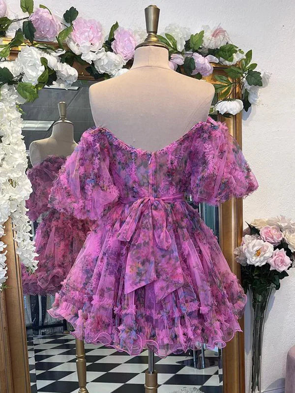 omberprom Sweetheart A Line Off the Shoulder Floral Printed Homecoming Dress Short Summer Holiday Dress
