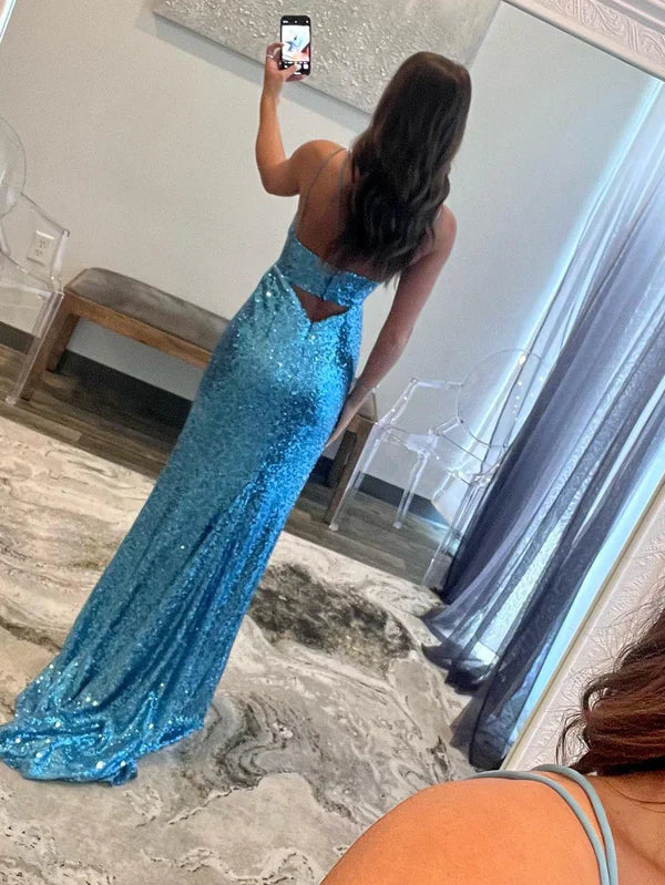 omberprom Fashion Mermaid Evening Dress V Neck Cutout Blue Long Prom Dress