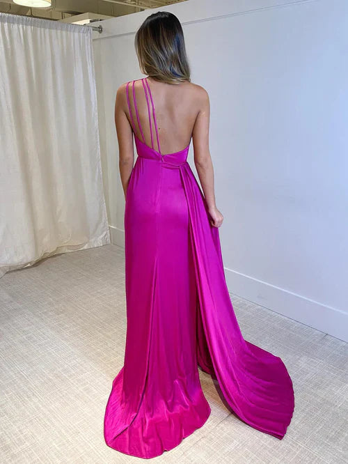 omberprom Mermaid Evening Dress One Shoulder Fuchsia Long Prom Dress