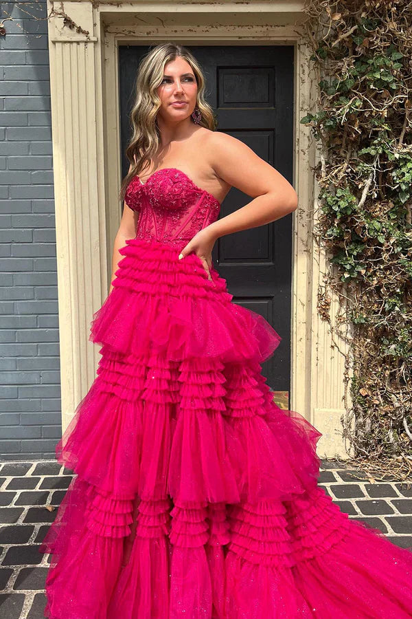 omberprom Fashion A-Line Evening Dress Sweetheart Tiered Long Tulle Prom Dress Charming Evening Party Dress