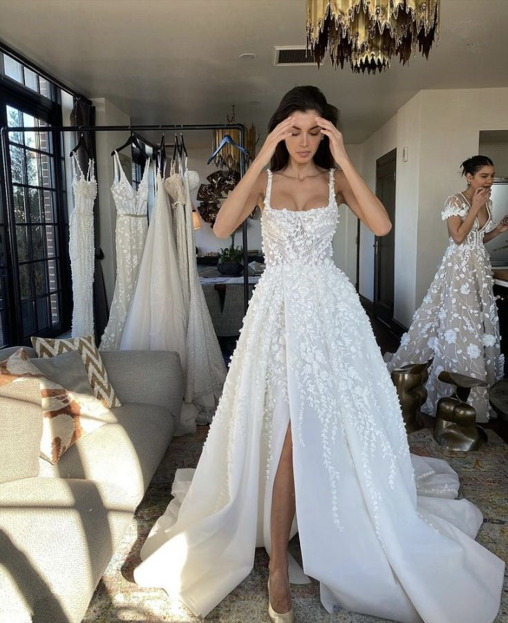 A Line Straps Long Wedding Dress with Lace Appliques, Gorgeous Bridal Gown with Slit S6738