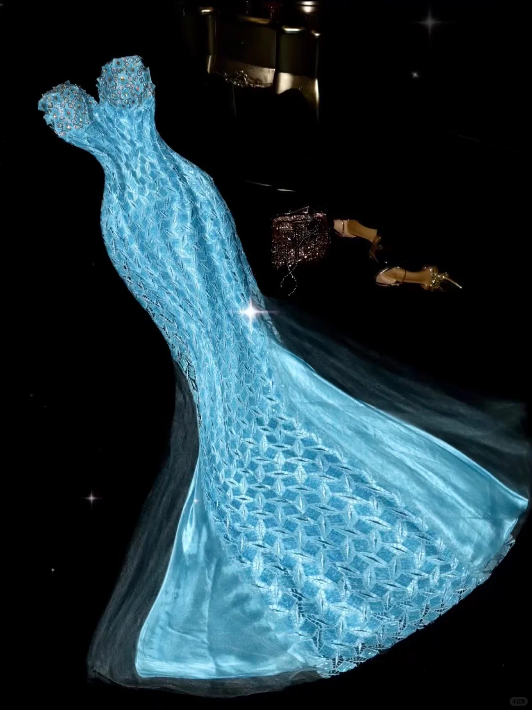 Glamorous Ice Blue Sweetheart Mermaid Textured Lace & Rhinestone Evening Gown TP5344