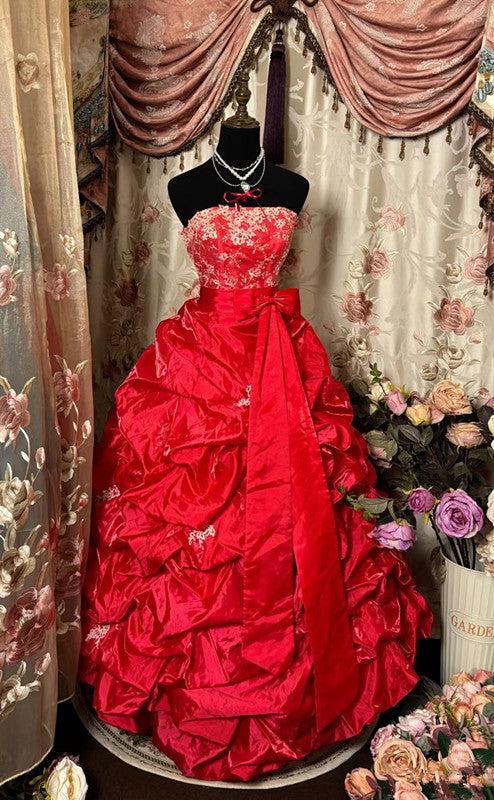Red Long Strapless Princess Dress Girl Prom Gown S6538