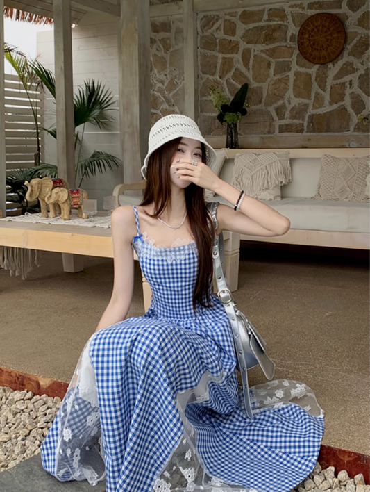 Fairy pure waist skirt suspenders plaid long skirt lace holiday style dress R1753