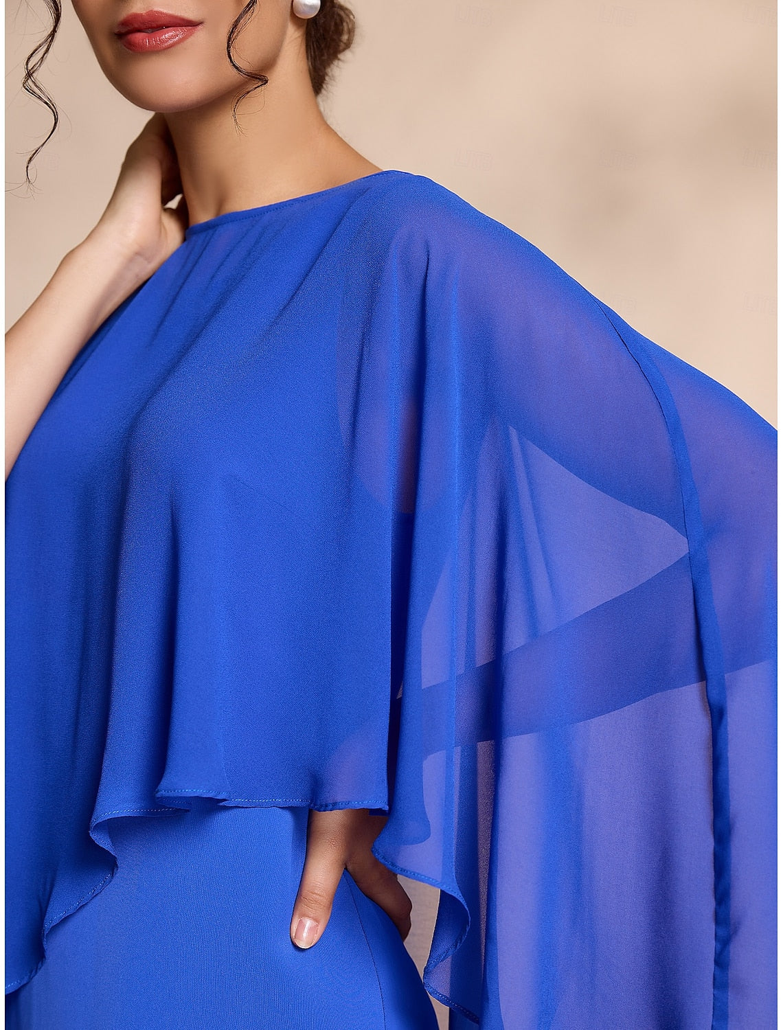 omberprom Elegant Blue Chiffon Causal Round Sleeve Mother of the Bride Dress Wedding Guest Dress Party Dress