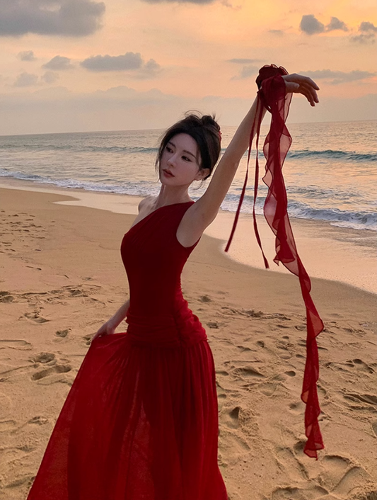 Fairy red off-shoulder dress with slim waist and long swing chiffon dress for holiday R1743