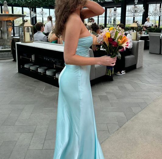 Light Blue Lovely Satin Long Party Dress Evening Gowns S6633
