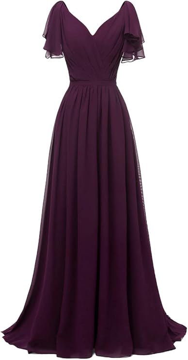 Ruffle Sleeves Bridesmaid Dress V-neck Chiffon Long Formal Wedding Evening Gowns S2902