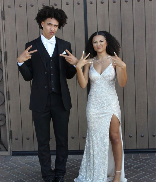 Glitter Sequined Simple Long Prom Dress with Slit S6674